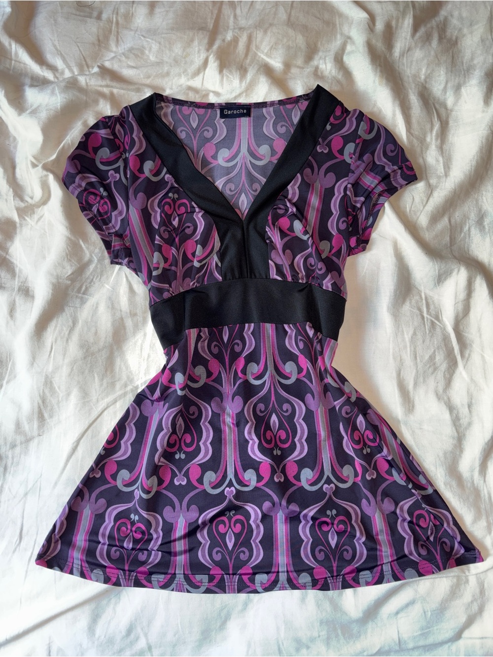 Purple & Black Patterned V-Neck Fit & Flare Dress